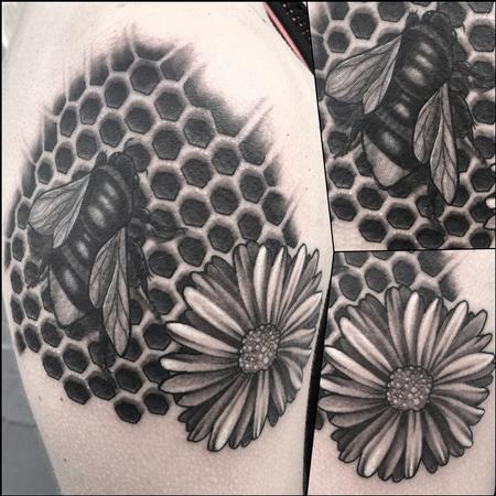 Tattoos - Black and Grey Bee and daisy with honey comb - 119091